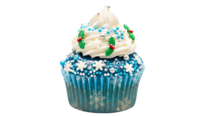 Delicious blue cupcake with white frosting and festive holiday decorations