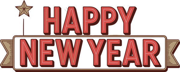 Red Happy New Year text with star and banner