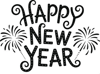Black Happy New Year text with fireworks and swirls