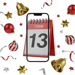 Festive smartphone calendar display with Christmas decorations and date 13
