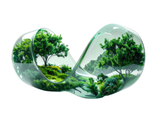 Verdant landscape encapsulated in a looping, glass-like structure
