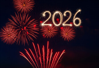 2026 Celebration with Vibrant Red Fireworks Display on Dark Night Sky Background
