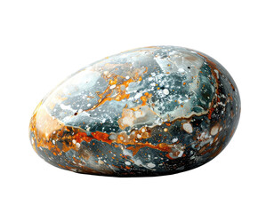 Polished, egg-shaped stone with marbled green, white, and orange patterns