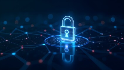 Futuristic Cybersecurity Concept with Digital Lock and Data Protection Network with Copy Space, Generative AI