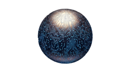 Glowing circuit board sphere on black background, symbolizing technology
