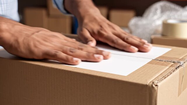 Person placing paper on cardboard box