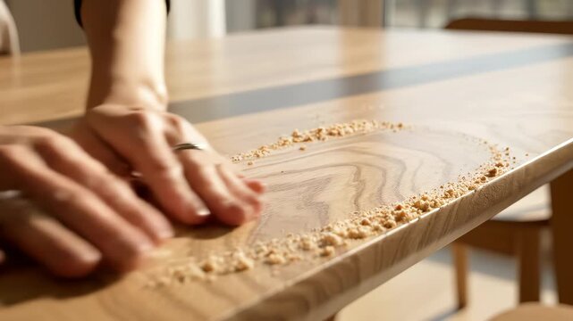 Hands on wooden table with crumbs