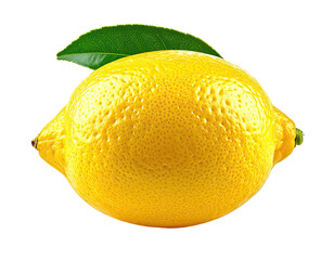 Bright yellow citrus fruit with green leaf, isolated on black background