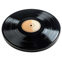 Glossy black analog music disc, brown label, sitting on black background