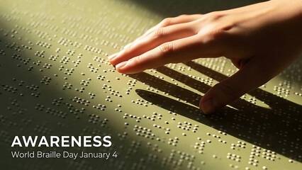 Closeup of a hand reading braille text on a tactile surface for world braille day awareness