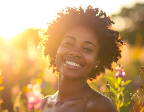 Portrait of a woman smiling radiantly in a field of flowers at sunset