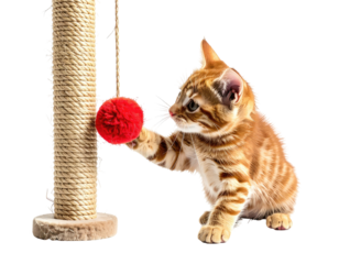 Orange kitten batting at red pompom on a scratching post