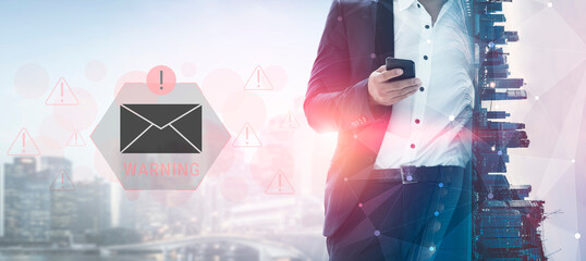 Digital warning mail interface highlights email threat detection, security monitoring, and proactive prevention of phishing and malware intrusions. Parse