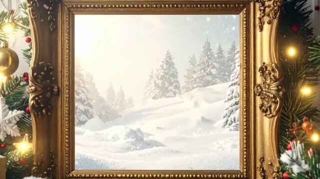Festive Golden Frame Showcasing Snow Covered Pine Trees and Hills With Soft Sunlight And Falling Snow