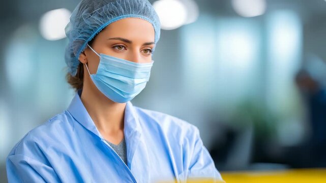 A young woman in medical scrubs, surgical cap, and face mask stands in a bright, contemporary healthcare facility. Her focused expression highlights her commitment to health and safety