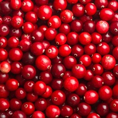 Overhead shot of a pile of small, round, red berries. The fruits are tightly packed, filling the entire frame, showing their glossy texture