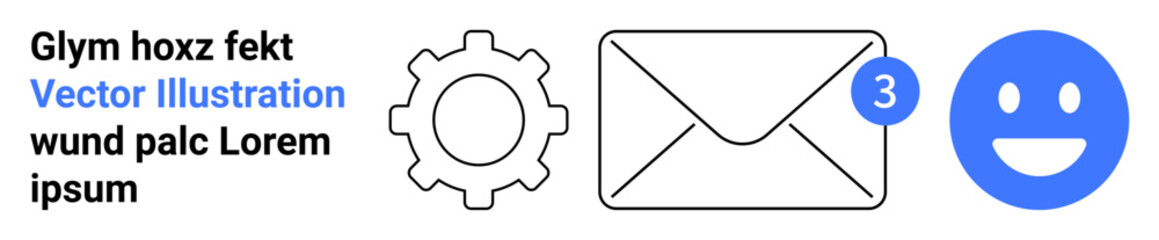 Fototapeta premium Communication, user feedback, notifications, email services, settings, digital interaction. Gear, envelope with notification badge and happy face displayed. Communication and user feedback concepts