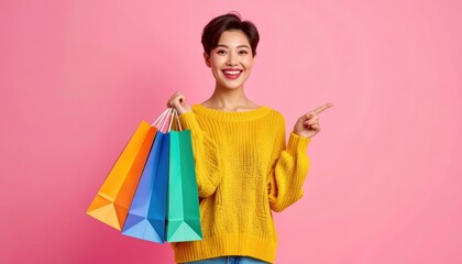 Portrait of cheerful young asian woman holding colorful shopping bags and pointing finger at copy space on pink background. Retail concept