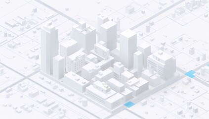 Isometric city model with building structures in clean minimalist design for business and technology concepts