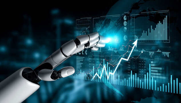 A robotic hand reaches towards interactive digital displays, symbolizing future technology and automation trends in data analysis and market growth. Scalp - Powered by Adobe