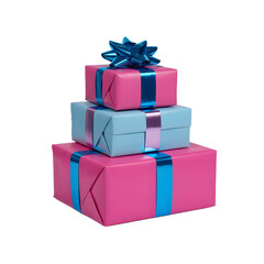 Fototapeta premium A stack of three vibrant pink and blue gift boxes tied with shiny ribbons, ready for a special celebration.