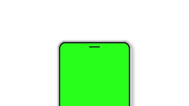 Fast animated smartphone front view design with green screen coming from the bottom of the screen halfway down on a white background