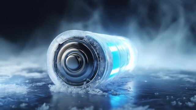 Icy Recharge: A Captivating Visual of a Battery Encased in Ice, Radiating Blue Energy and