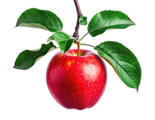 A ripe red fruit hangs from a twig with vibrant green foliage