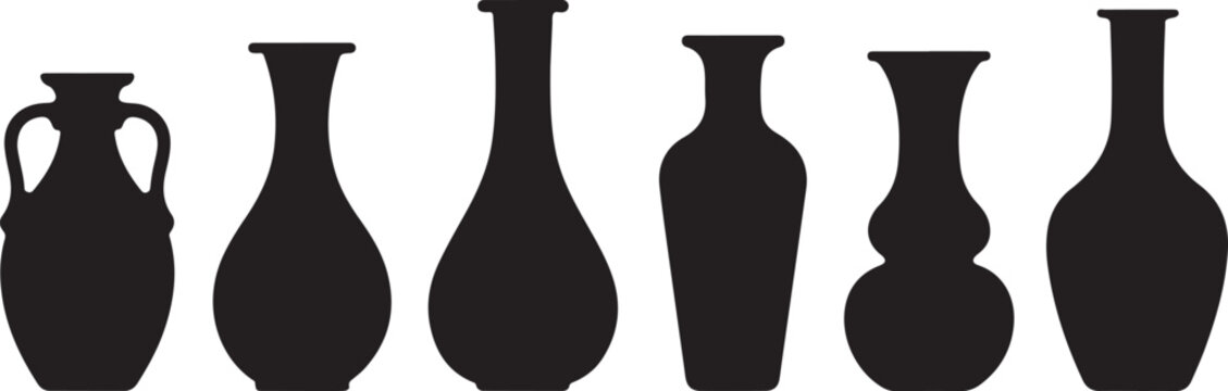 Five black silhouette vases with different shapes and white pottery