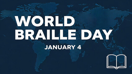 World braille day banner with a world map background promoting global awareness of braille