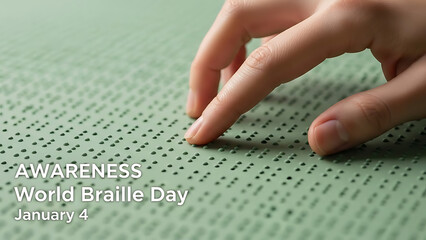 Closeup of a hand reading braille text on a tactile surface for world braille day awareness