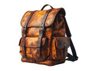 Close-up of a detailed leather backpack with multiple compartments