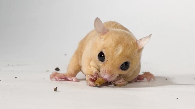 Sugar glider eating mealworm on white studio background