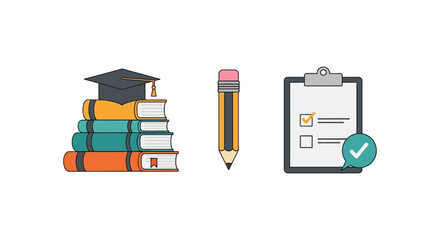 Educational Tools and Academic Achievement - Books, Pencil, and Checklist Illustration.