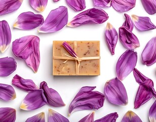 Overhead shot displays a bar of soap, tied with twine, encircled by scattered, vibrant purple flower petals on a white background