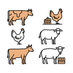 Fototapeta premium Farm Animals - Two Cows, Two Chickens, and Two Sheep in Simple Line Art Style.