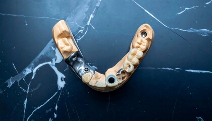 Overhead shot displays a dental model showing various teeth, implants, and different materials with marble background
