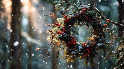 Christmas wreath in a winter forest, hanging on a dead branch, pine needles with red berries, snowflakes falling, sunlight penetrating the trees