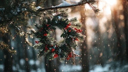 Christmas wreath in a winter forest, hanging on a dead branch, pine needles with red berries, snowflakes falling, sunlight penetrating the trees
