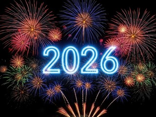 Vibrant fireworks display celebrating new year 2026 with bright colorful explosions