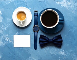 Overhead shot displays a flat lay composition of coffee cups, a wristwatch, bow tie, and blank card on textured blue