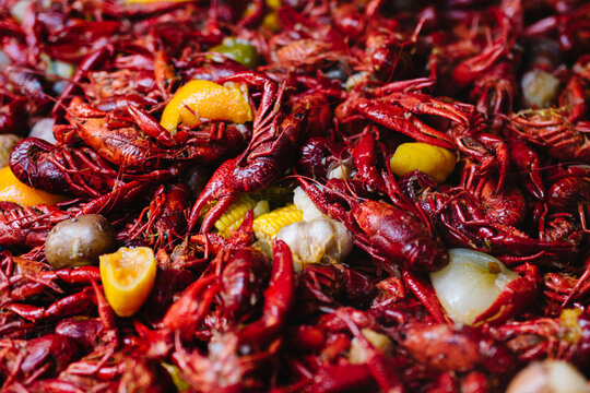 Traditional Cajun Crawfish Boil With Corn, Potatoes, and Lemons