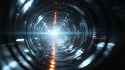 Abstract sci fi tunnel illuminated by a radiant central light, featuring metallic surfaces and intricate digital patterns. The image conveys innovation, speed, and futuristic exploration - Powered by Adobe