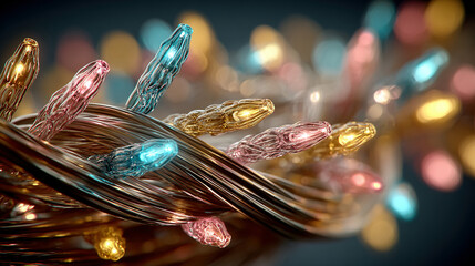 Close-up of multicolored, twisted string lights with bokeh background.