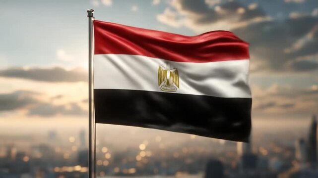 Waving Egyptian Flag Over Cityscape Background: A symbol of Egypt, independence and freedom,