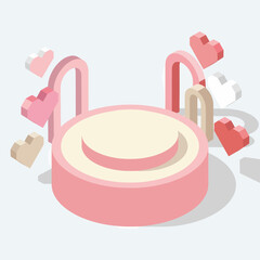 Fototapeta premium Pastel Pink Podium with Floating Hearts, Isometric 3D Illustration for Celebration and Romance