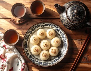 Overhead shot displays a rustic wooden table with a plate of steamed buns, tea cups, a teapot, and chopsticks. A floral cloth adorns the side