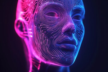 A futuristic, cybernetic head with intricate, glowing lines and patterns, set against a dark, neon-lit background.
