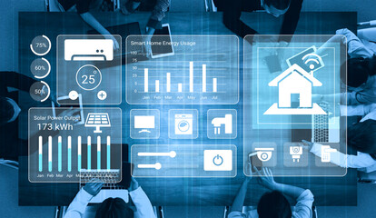 A modern business meeting showcasing smart technology with data analysis screens, focusing on energy efficiency and sustainability for innovative strategies. Gantry