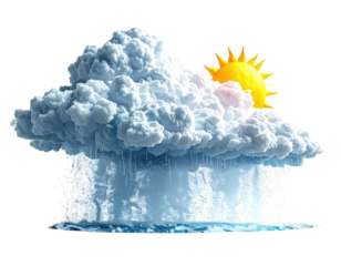 Weather illustration Rain pours from a cloud with a shining sun